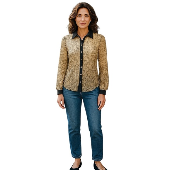 Issi Beige Black Lace Sequins Trim Top Size M - Picture 1 of 7